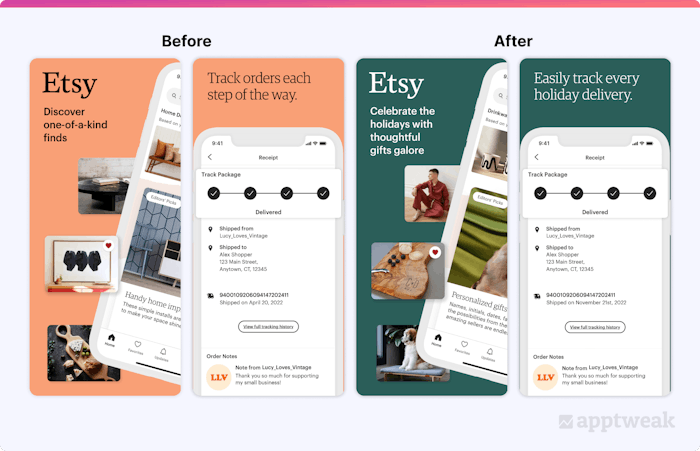 Etsy before and after holiday screenshots 